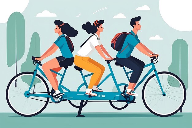 Coordinated Journey Team on a Tandem Bicycle Emphasizing Balance and Coordination Flat Style Vector Illustration