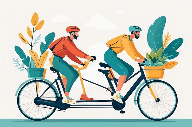 Coordinated Journey Team on a Tandem Bicycle Emphasizing Balance and Coordination Flat Style Vector Illustration