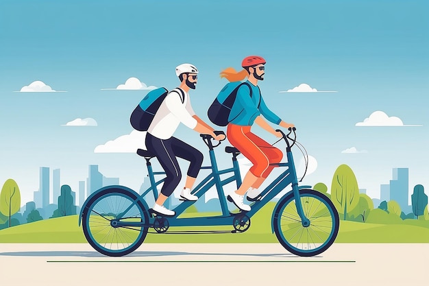 Coordinated Journey Team on a Tandem Bicycle Emphasizing Balance and Coordination Flat Style Vector Illustration