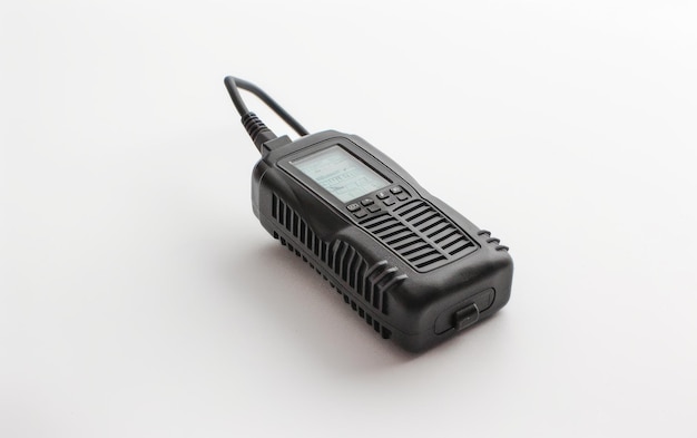 Foto coordinamento con un walkie-talkie portatile su sfondo bianco