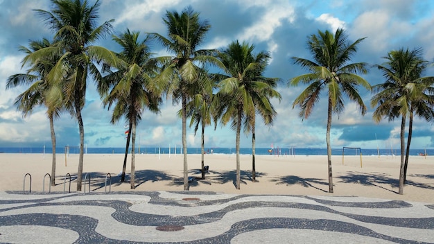 Copacabana Beach Rio de Janeiro boardwalk with palm trees and blue sky