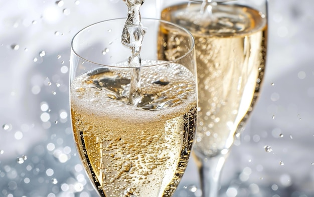 Foto copas de champagne de cristal con burbujas y espuma