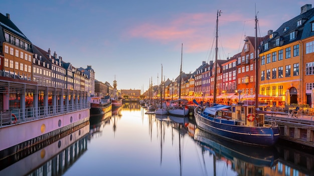 Copenhagen city skyline in Denmark at famous old Nyhavn port