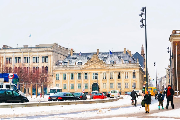 Copenhagen, Denmark - January 5, 2011: French Embassy at King New Square in winter. Kongens Nytorv is a public square in Copenhagen, Denmark, located at the end of the pedestrian street Stroget