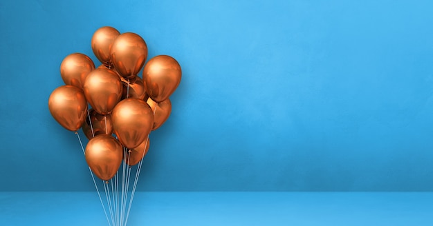 Copper balloons bunch on a blue wall background. Horizontal banner. 3D illustration render