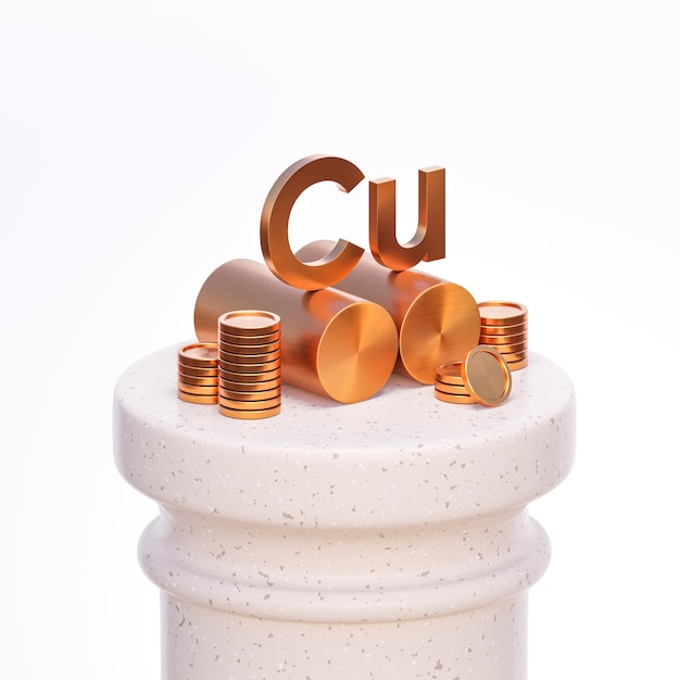 Copper bars with coins and lettering Cu on a stone column 3d illustration of a commodity