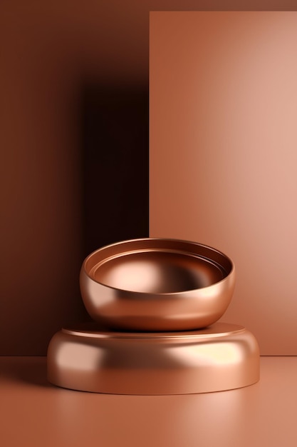 A copper bowl sits on a pedestal in front of a wall.