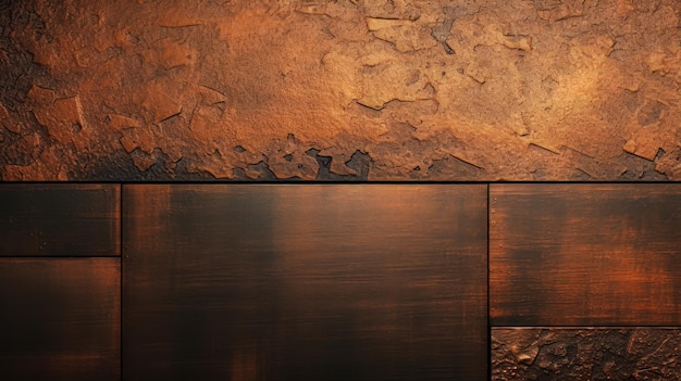 Copper and brown a rusted metal wall with a smooth wooden panel as a contrast for modern and rustic