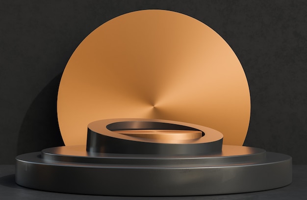 Copper circle podium for product presentation on black concrete wall background luxury style.,3d model and illustration.