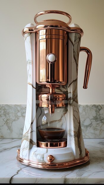 a copper coffee maker with a white curtain that says  copper