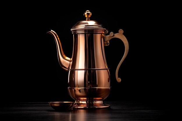 Copper coffee pot against black backdrop