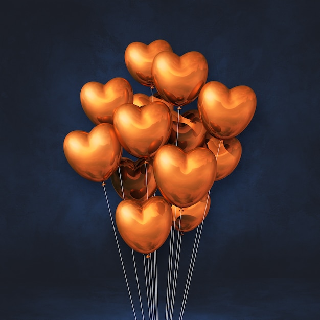 Copper heart shape balloons bunch on a black wall background. 3D illustration render