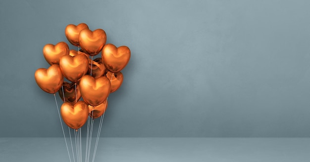 Copper heart shape balloons bunch on a grey wall background. Horizontal banner. 3D illustration render