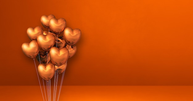 Copper heart shape balloons bunch on orange wall. Horizontal banner. 3D render