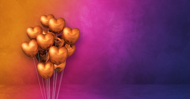 Photo copper heart shape balloons bunch on a rainbow wall background. horizontal banner. 3d illustration render