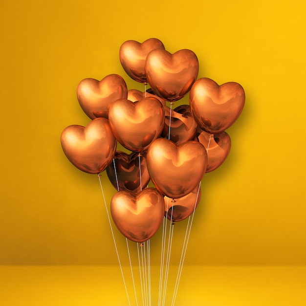 Copper heart shape balloons bunch on a yellow wall. 3D illustration render