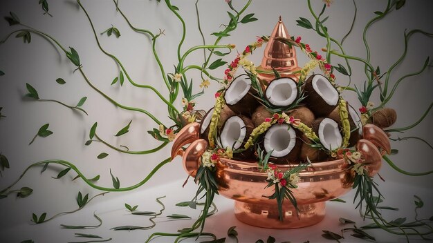 Copper kalash with coconut leaf and floral decoration on a white background