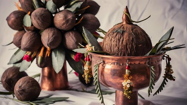 Photo copper kalash with coconut leaf and floral decoration on a white background