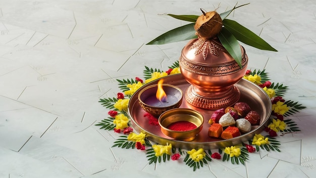 Photo copper kalash with coconut and mango leaf and pooja thali with diya kumkum and sweets with floral