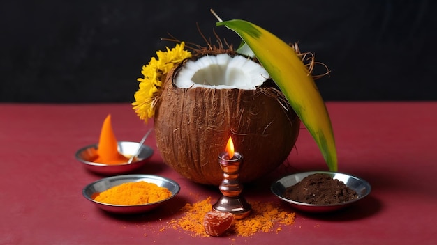 Photo copper kalash with coconut and mango leaf with floral decoration diya haldi kumkum and sweet pedh