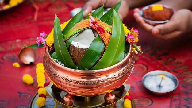 Photo copper kalash with coconut and mango leaf with floral decoration diya haldi kumkum and sweet pedh