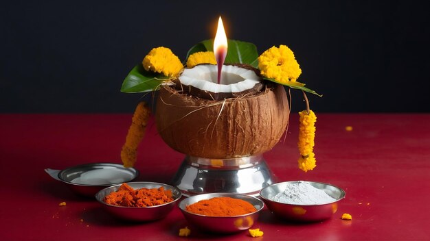 Photo copper kalash with coconut and mango leaf with floral decoration diya haldi kumkum and sweet pedh