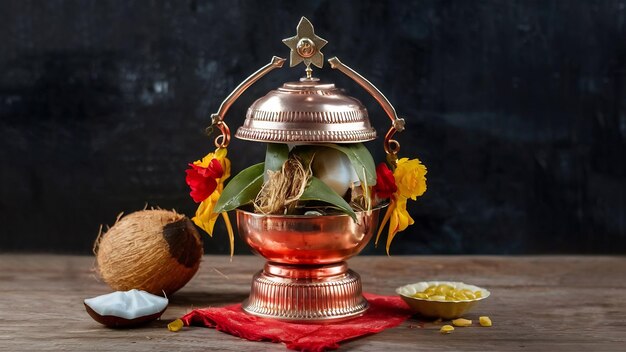 Photo copper kalash with coconut and mango leaf with floral decoration essential in hindu puja