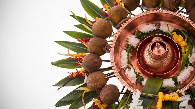 Photo copper kalash with coconut and mango leaf with floral decoration on a white background