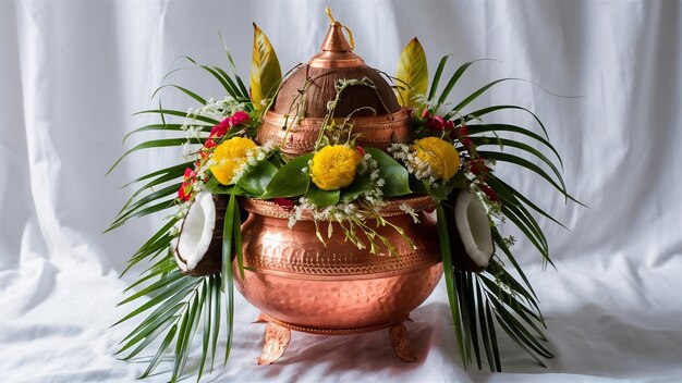 Copper kalash with coconut and mango leaf with floral decoration on a white background