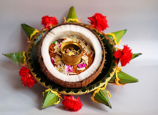 Photo copper kalash with coconut and mango leaf with floral decoration