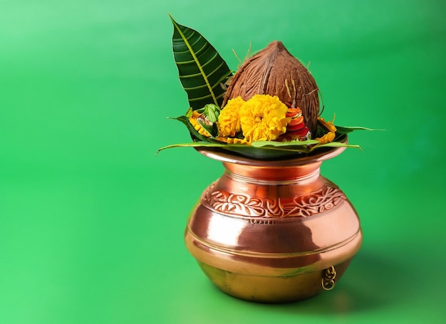 Photo copper kalash with coconut and mango leaf with floral decoration