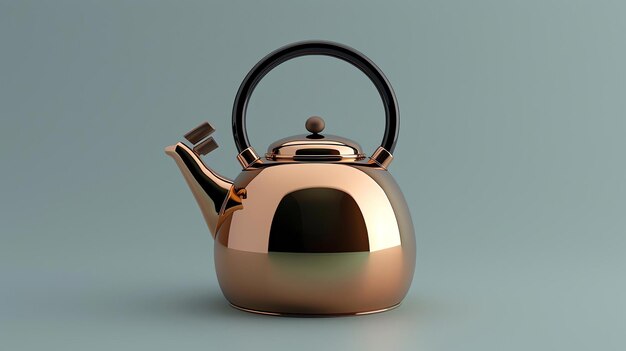 Photo copper kettle with a black handle on a pale blue background the kettle is sitting at a slight angle and the light is reflecting off of its surface