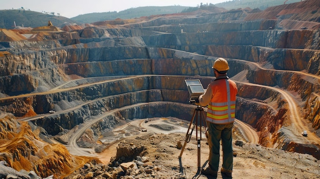 Photo copper mine worker open pit mine surveying