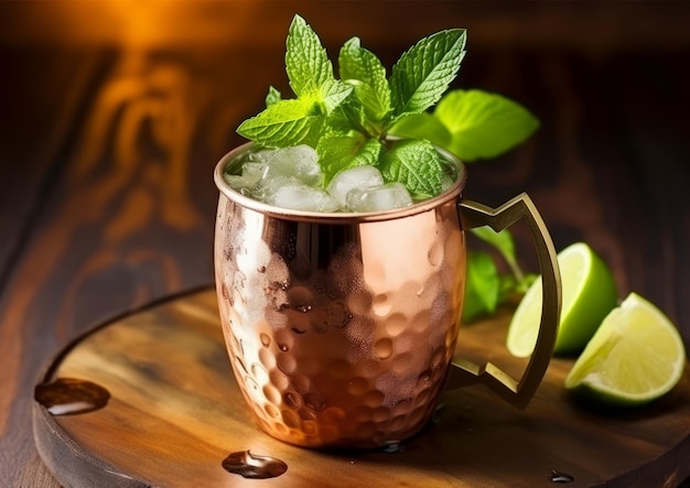 A copper mug filled with ice and mint