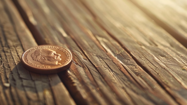 Copper penny rests on weathered wooden planks basked in warm sunlight