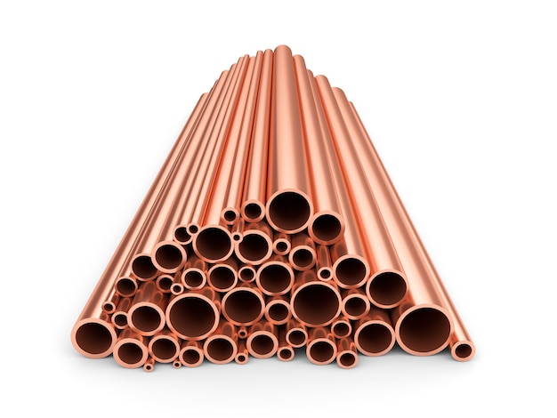 Copper pipes. Heap of round metal tubes isolated on white background.