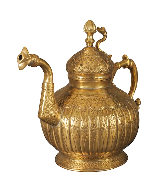 A copper teapot with artistic chasing and engraving on a white background