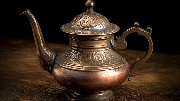 A copper teapot with the word " tea " on the top.