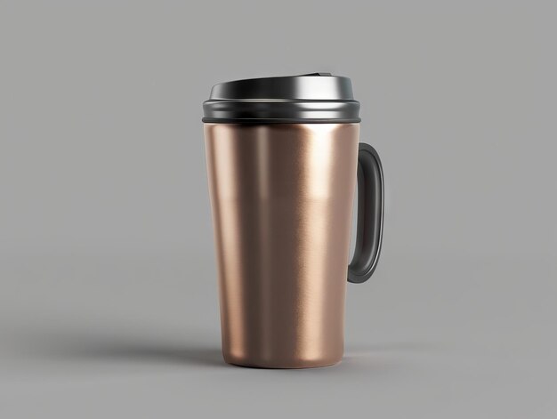 A copper travel mug with black lid