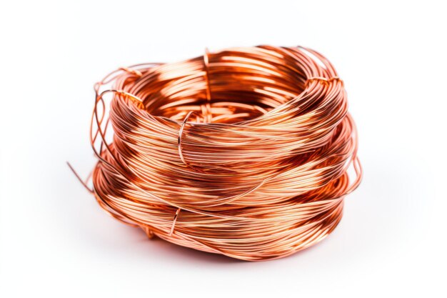 Photo copper wires arranged on white background in a big bunch