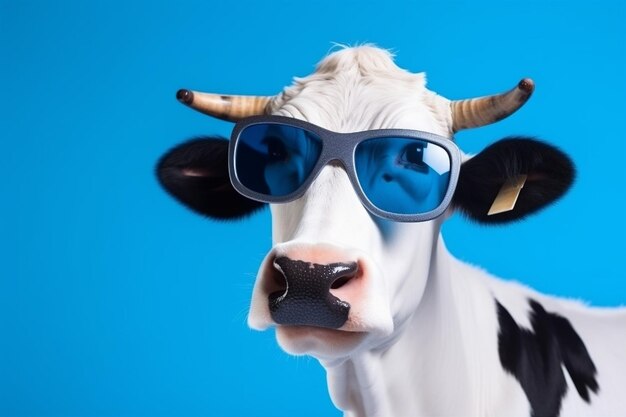 Photo copy blue head background funny animal sunglasses face cow space portrait eyeglass generative ai