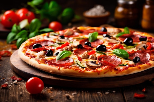 Copy food italian meal background pizza tomato cheese fast pepperoni black food space Generative AI