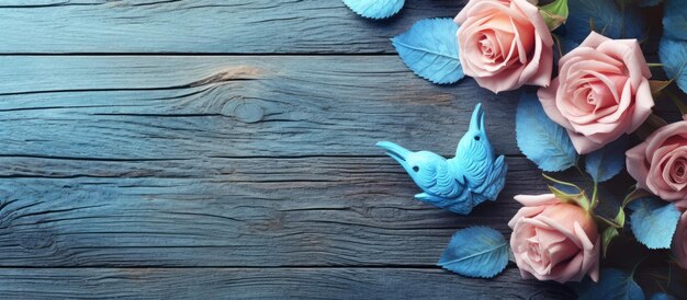 Photo copy space background roses on wood blue