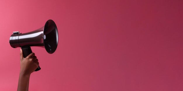 Photo copy space banner with a dark skin woman's hand holding a megaphone against a magenta background