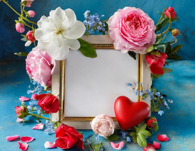 copy space on a Beautiful valentine composition spring flowers frame