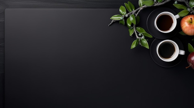 Copy space black background with coffee apple and leaves