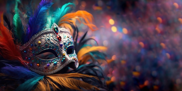 copy space for carnival mask with beads and feathers blurred confetti background