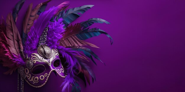 Copy space for a carnival mask with beads and feathers on a purple background