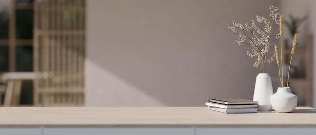 A copy space for displaying your product on a minimalist wooden table in a minimalist room