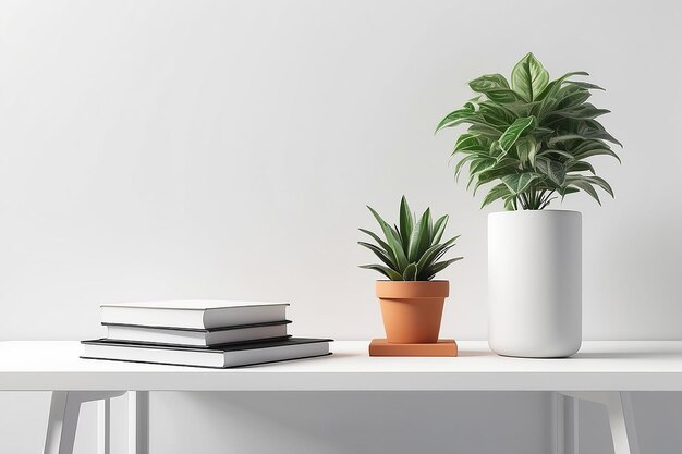 Copy space for displaying your product on a white tabletop with books pencil stand and a potted plant in a modern white office room